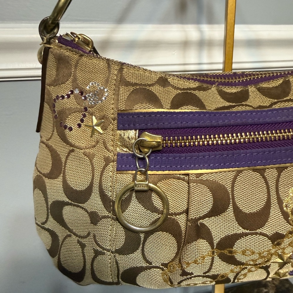 Coach Poppy Tartan Appliqué Groovy Shoulder Bag Brown Purple - Picture 7 of 17